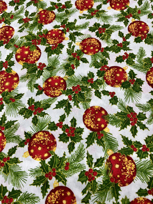 Scampolo Cotone Arredo Natalizio Palline Rosse e Agrifoglio su Sfondo Bianco 260 x 280