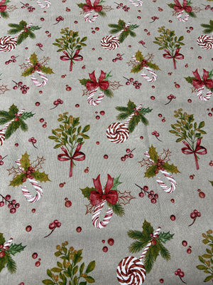 Scampolo Cotone Arredo Natalizio Bastoncini di Zucchero e Vischio 260 x 280