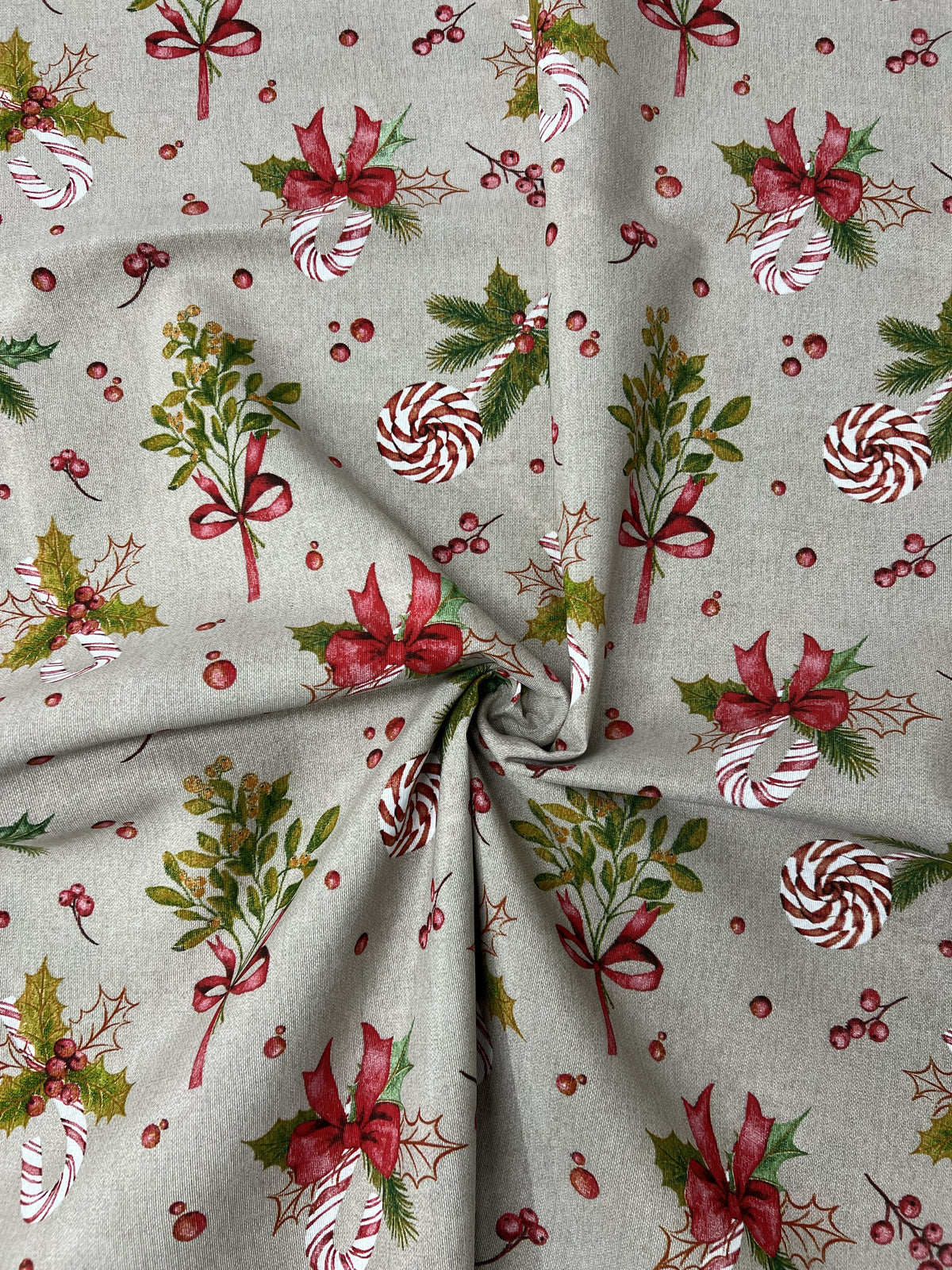 Scampolo Cotone Arredo Natalizio Bastoncini di Zucchero e Vischio 260 x 280