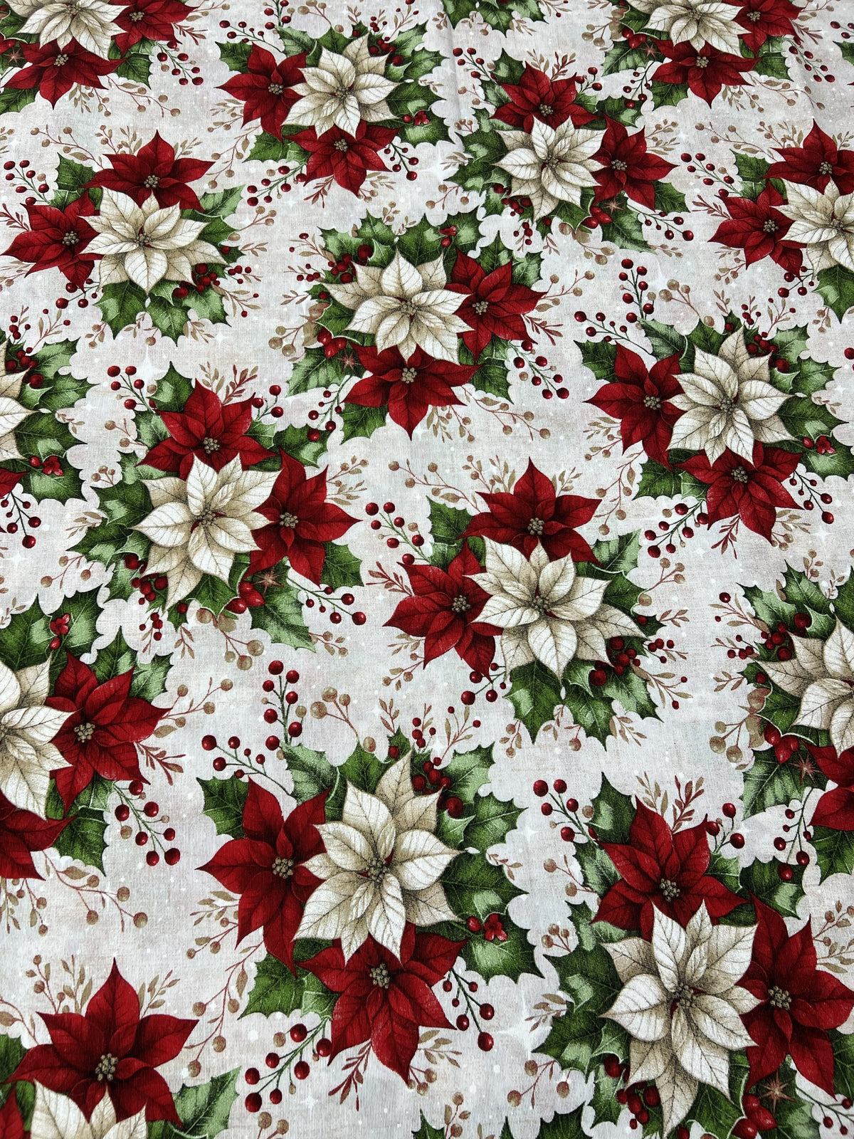 Scampolo Cotone Arredo Natalizio Stelle di Natale Rosse e Agrifoglio 260 x 280