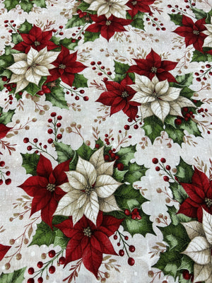 Scampolo Cotone Arredo Natalizio Stelle di Natale Rosse e Agrifoglio 260 x 280