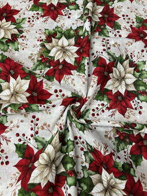 Scampolo Cotone Arredo Natalizio Stelle di Natale Rosse e Agrifoglio 260 x 280